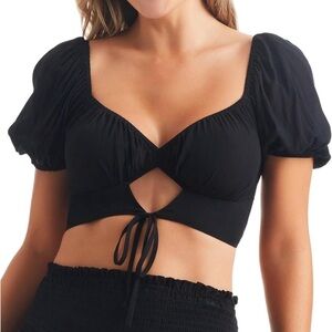 NWT OLIVACEOUS Meet me in Paris Puff Sleeve Cut out Crop Top Blouse